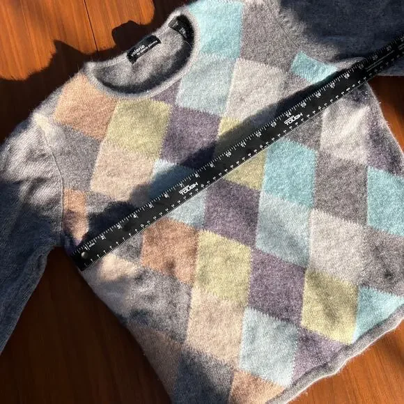 90s Vintage Valerie Stevens Wool Cashmere Rabbit Argyle Pastel Sweater Size M - Picture 5 of 7
